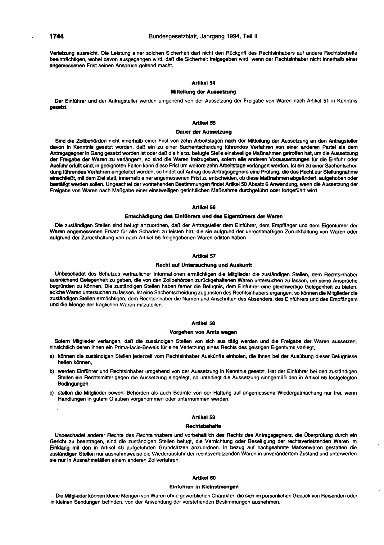 BGBl. 1994, Seite 1744 — Originalseite als Abbildung