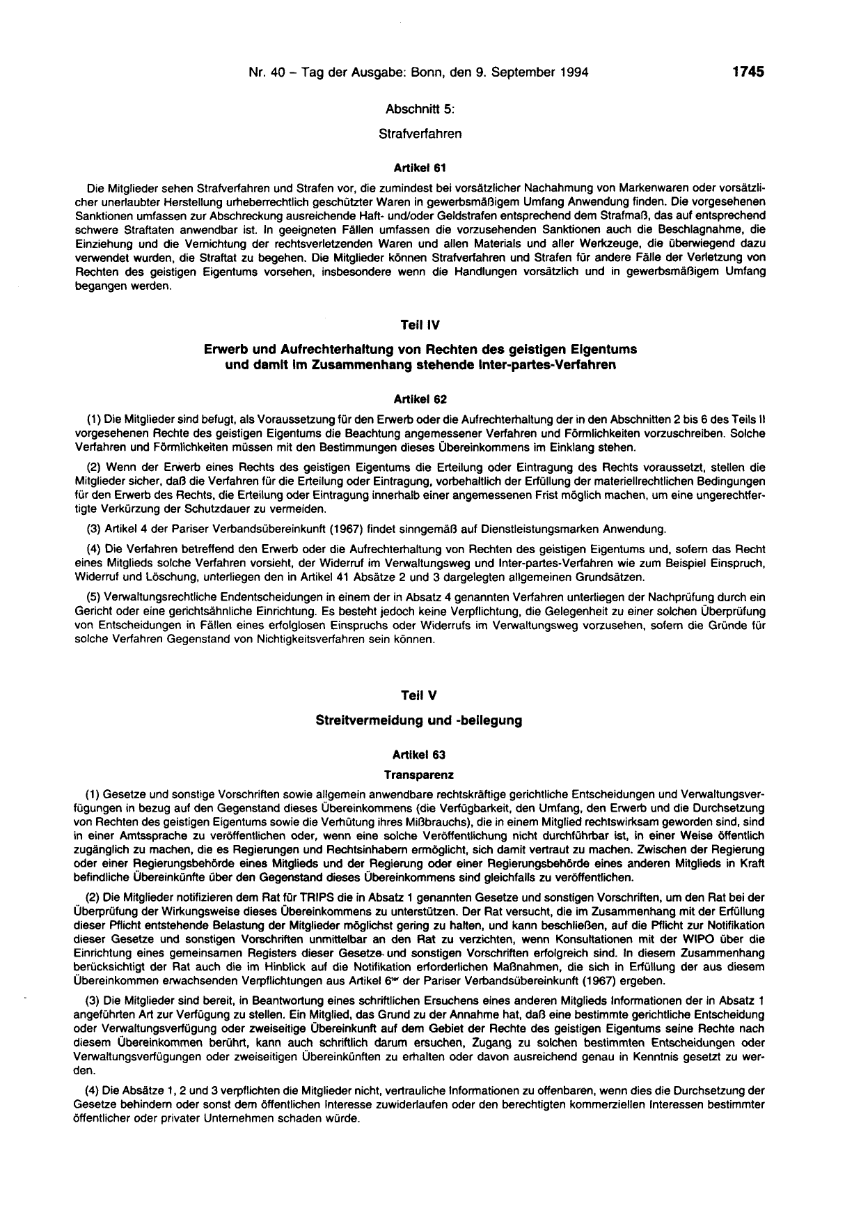 BGBl. 1994, Seite 1745 — Originalseite als Abbildung