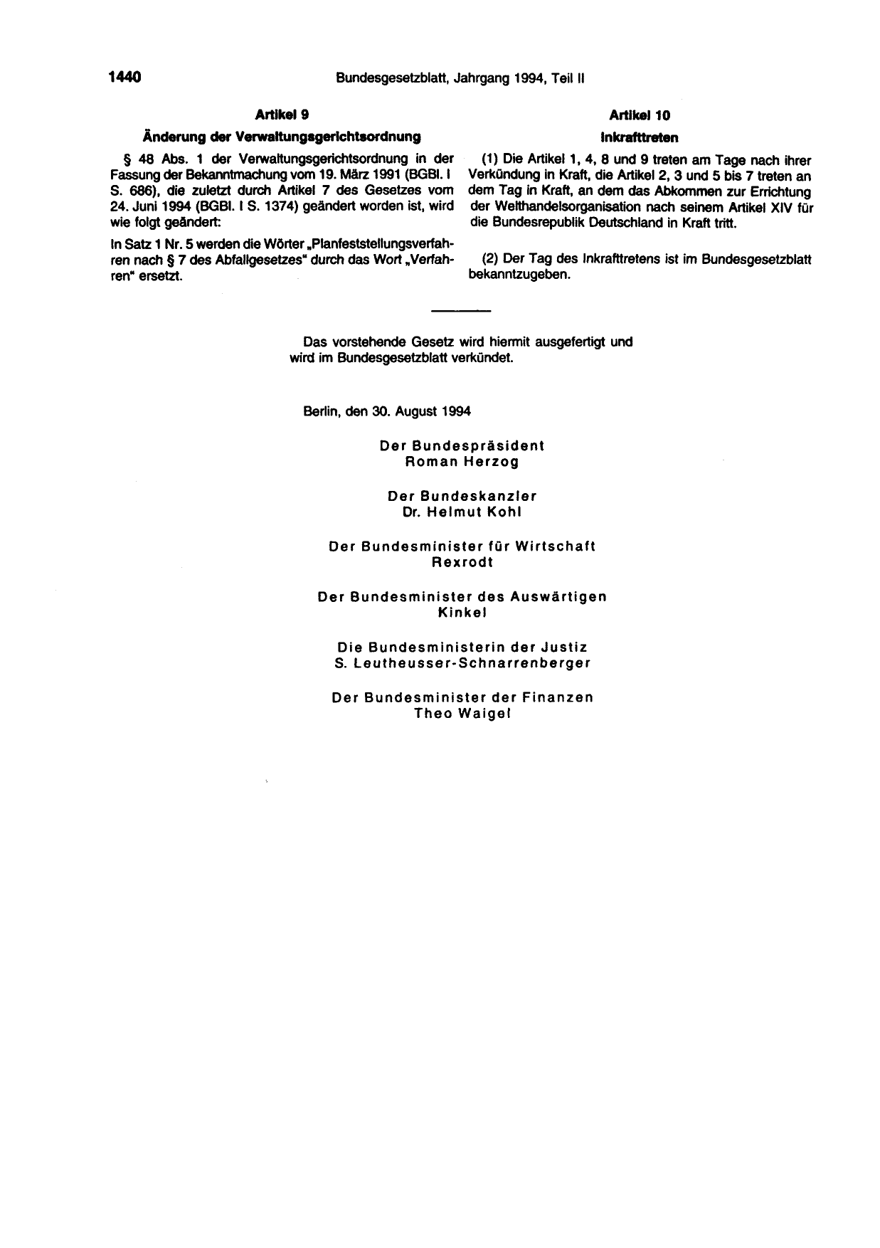 BGBl. 1994, Seite 1440 — Originalseite als Abbildung