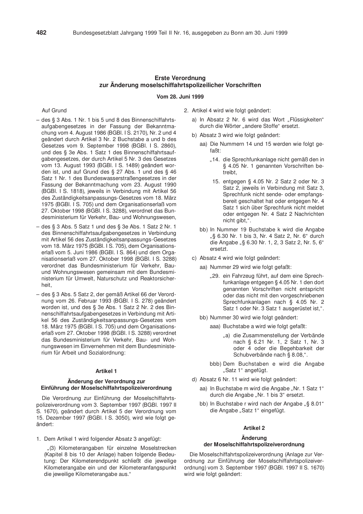 BGBl. 1999, Seite 482 — Originalseite als Abbildung