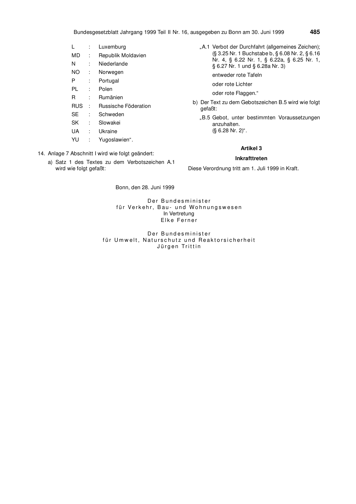BGBl. 1999, Seite 485 — Originalseite als Abbildung