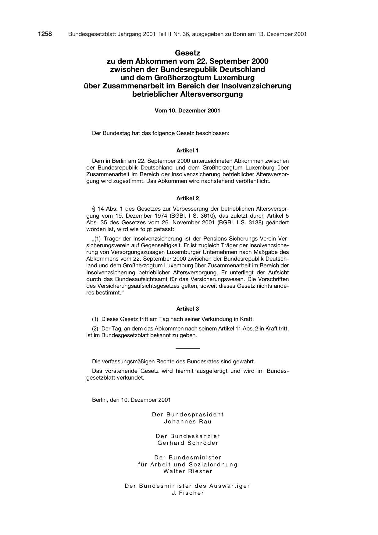 BGBl. 2001, Seite 1258 — Originalseite als Abbildung