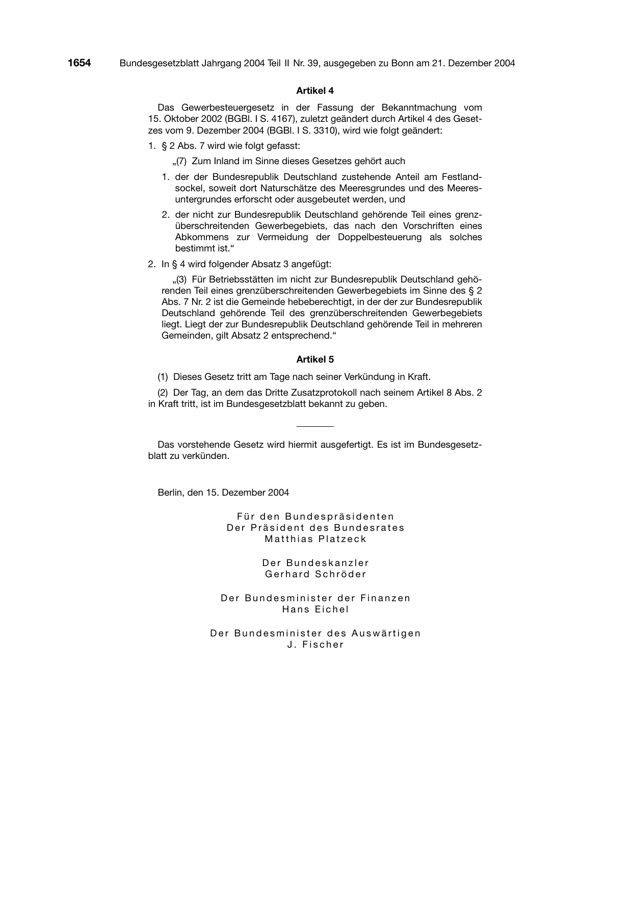 BGBl. 2004, Seite 1654 — Originalseite als Abbildung