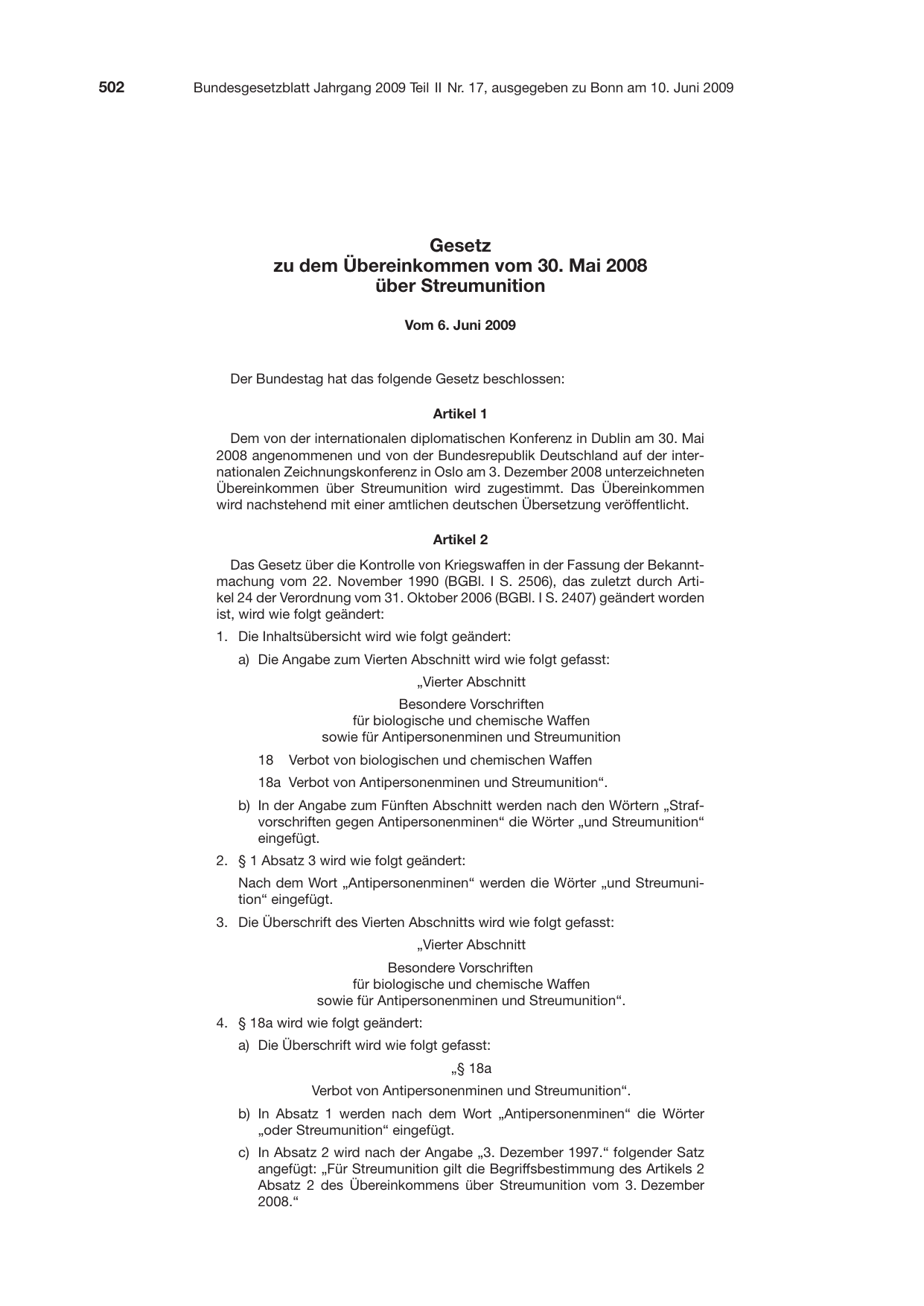 BGBl. 2009, Seite 502 — Originalseite als Abbildung