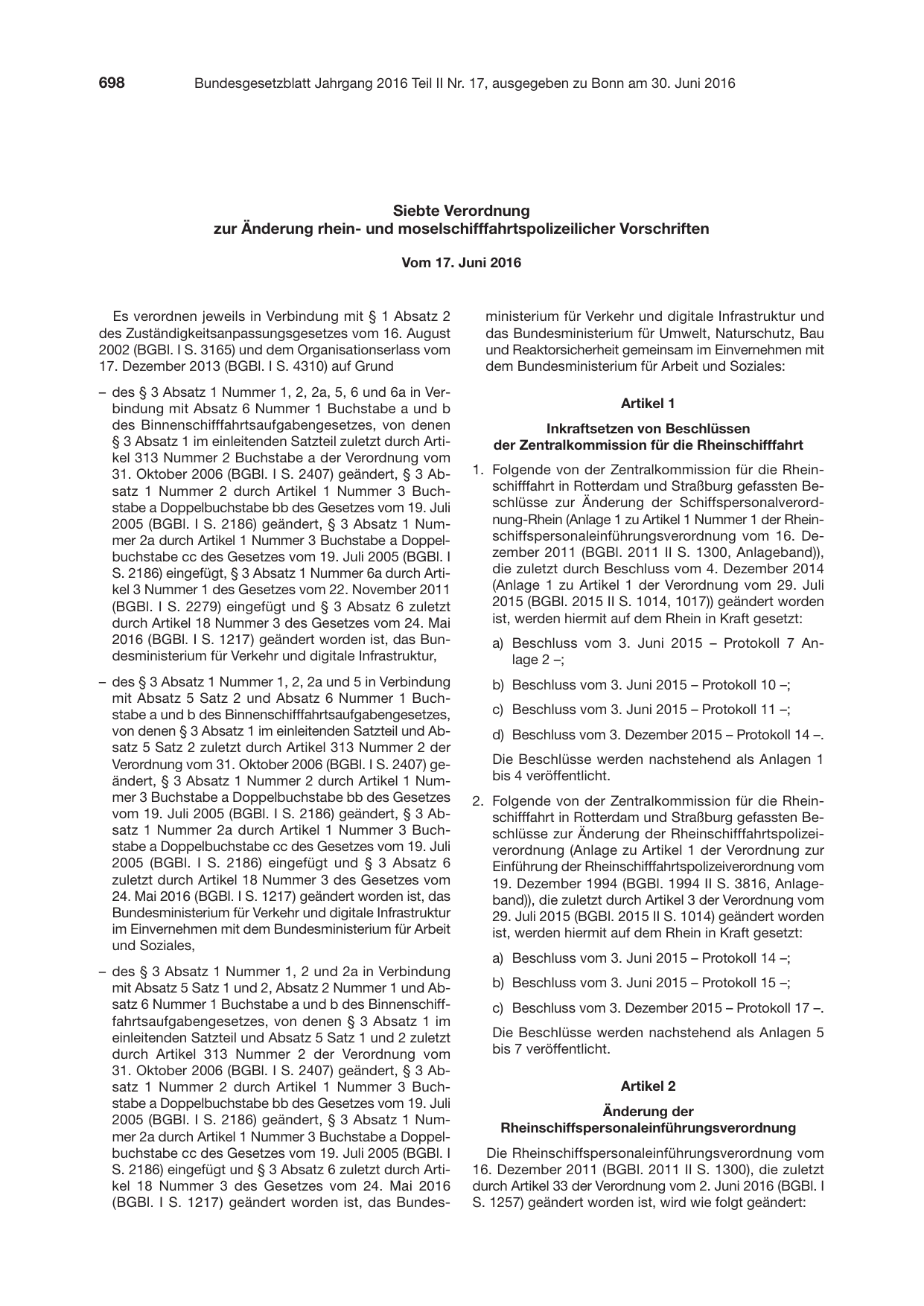BGBl. 2016, Seite 698 — Originalseite als Abbildung