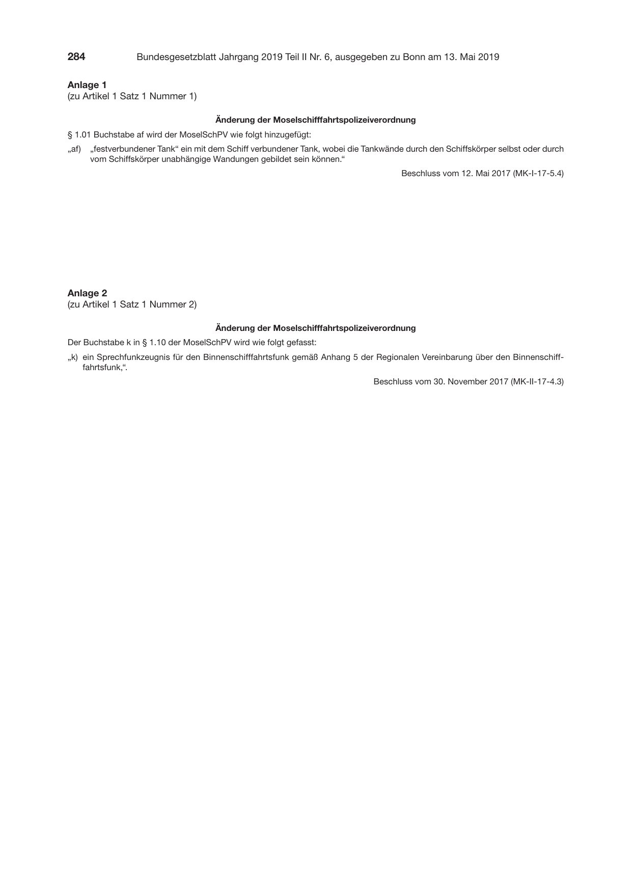 BGBl. 2019, Seite 284 — Originalseite als Abbildung
