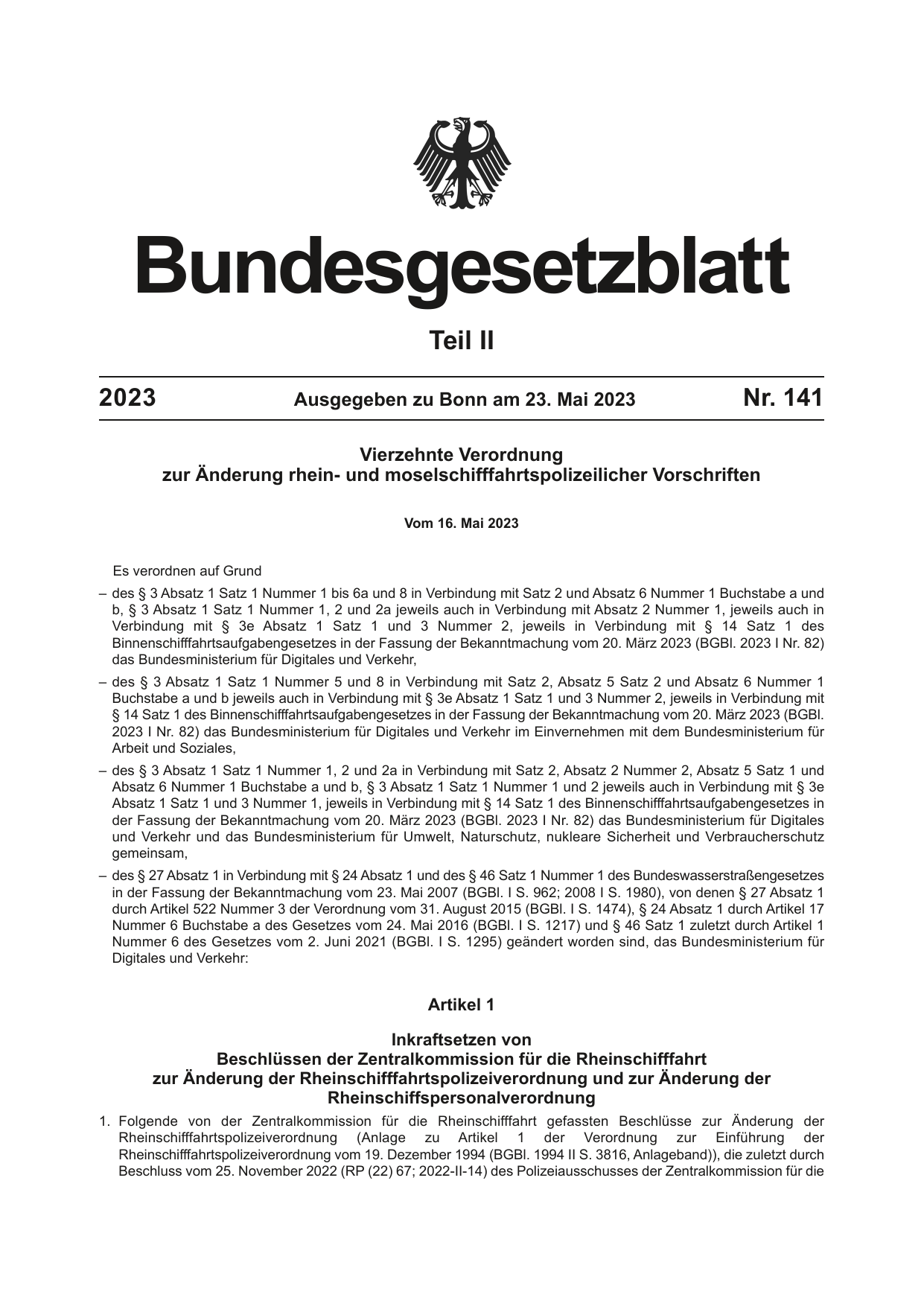 BGBl. 2023, Seite 1 — Originalseite als Abbildung